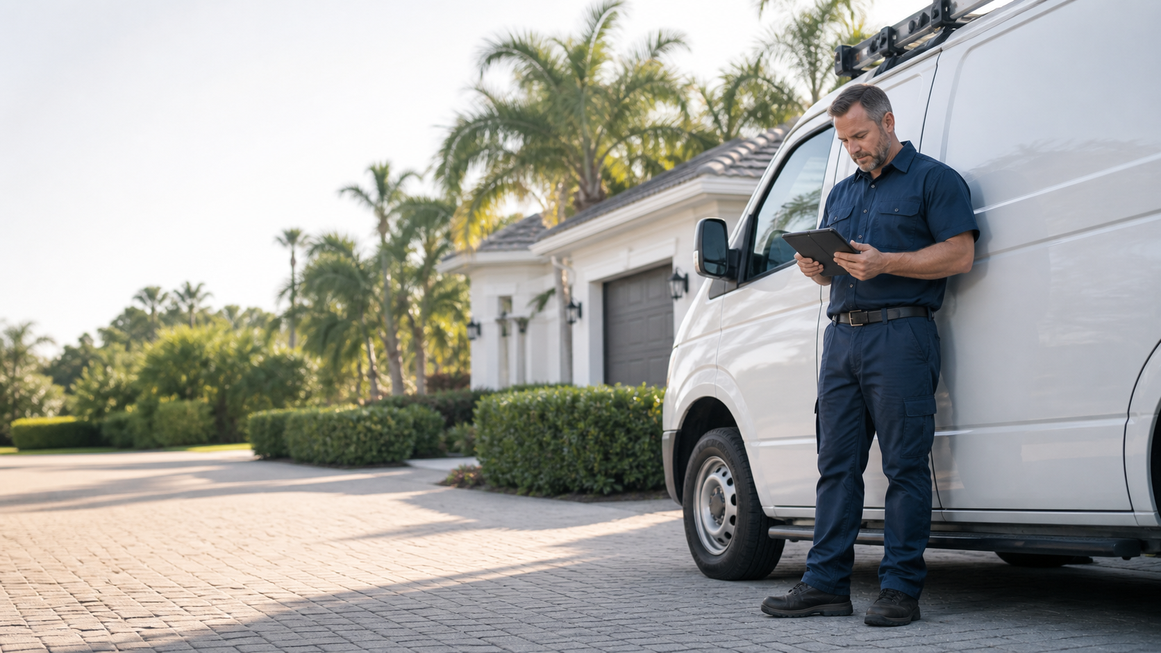 Service operator reviewing records beside an unbranded vehicle